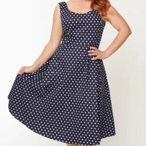 NWT Royal Monk Unique Vintage Navy & White Polka Dot Swing Dress sz L